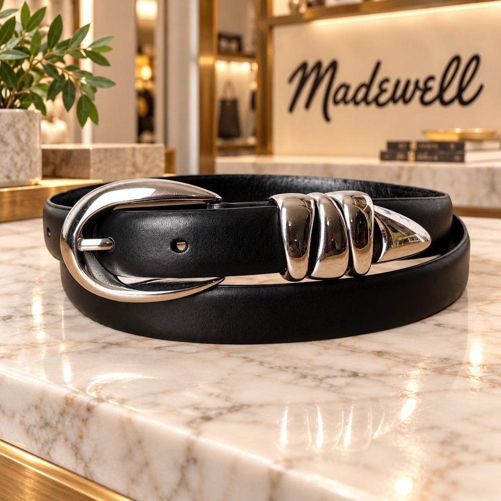 Madewell Black Italian Leather Belt Silver Sculptural Buckle Size L NN922